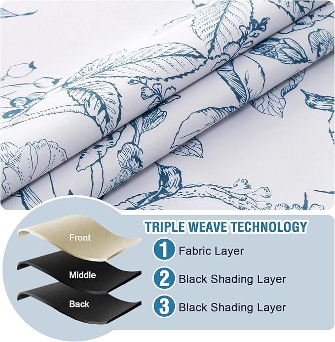 H.VERSAILTEX 100% Blackout Curtains for Bedroom Camellia Floral Blackout Curtains 63 Inches Long Light Blocking Window Treatment Curtains with Black Liner Grommet Thermal Drapes, 2 Panels, Stone Blue