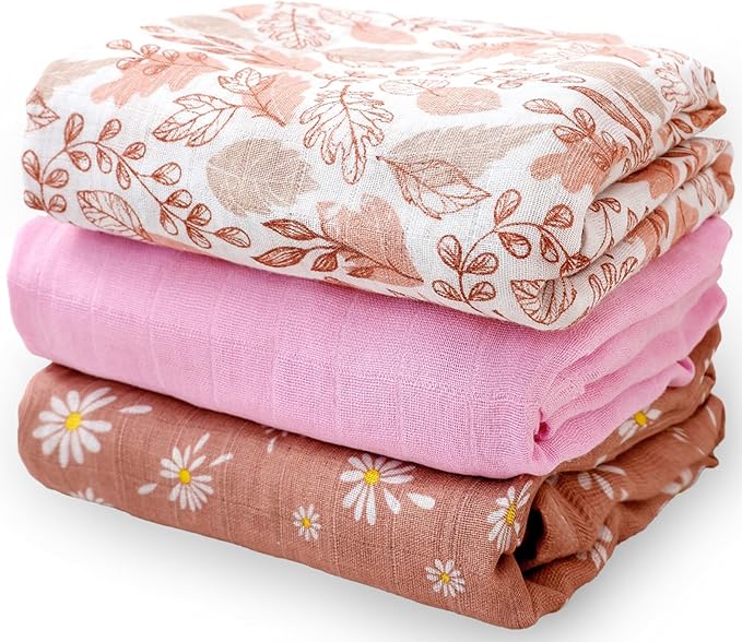 Happy Flute 3 Set Muslin Swaddle Blankets,Essential Baby&Newborn Swaddling,Perfect for Boys&Girls,Receiving Blankets,Nursing,Stroller Cover,Large 47.2x43.3 inches Swaddle Wrap Burping Clothes. (Pink)