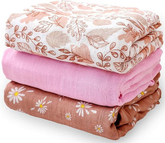 Happy Flute 3 Set Muslin Swaddle Blankets,Essential Baby&Newborn Swaddling,Perfect for Boys&Girls,Receiving Blankets,Nursing,Stroller Cover,Large 47.2x43.3 inches Swaddle Wrap Burping Clothes. (Pink)