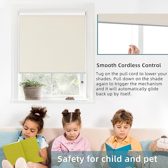 ChrisDowa Cordless 100% Blackout Roller Shade, with Striped Jacquard, Thermal Insulated, UV Protection Fabric, Total Blackout Blinds for Window, French Doors, Home and Office. Beige, 41" W x 72" H