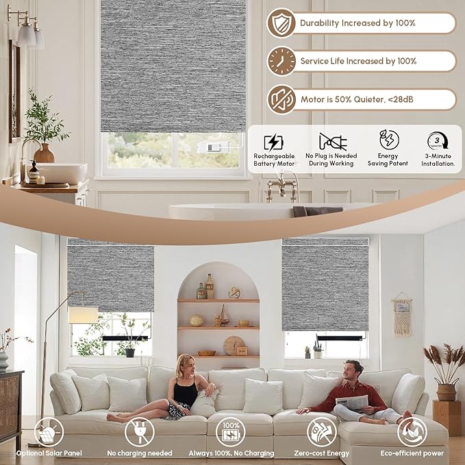 Kincmo No Drill Motorized Blinds with Remote, 100% Blackout Roller Shades for Windows, Custom Electric Blinds Compatible with Alexa, Apple Homekit, Google Home (100% Blackout Dreamy Dark Grey)