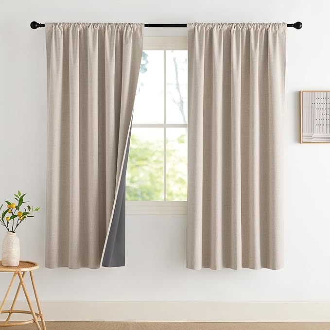 NICETOWN Natural Faux Linen 100% Blackout Curtains, 2 Panels Set, 42 x 72 Inch, Rod Pocket Thermal Insulated Room Darkening Drapes for Bedroom, Living Room, Nursery, Farmhouse Decor, Noise Reducing