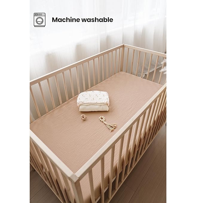 Konssy Muslin Crib Sheets for Girl Boy, 2 PCS Soft and Breathable Cotton Baby Sheets for Standard Crib Mattress, 52"x 28" (Moon,Camel)