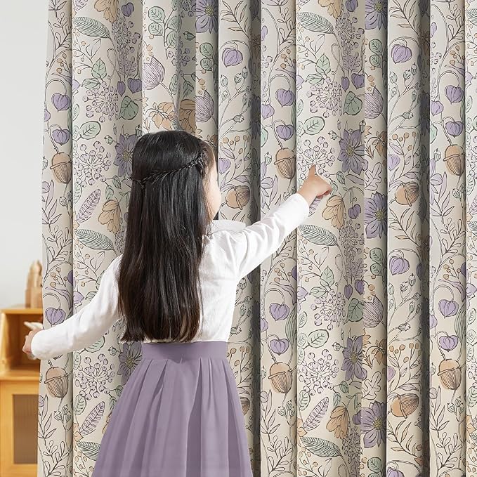 Vangao Purple Nursery Curtains for Girls Room Easter Floral 100% Blackout Curtains 84 Inch Length Farmhouse Drapes for Bedroom Room Darkening Flower Patterned Window Treatment for Kids Set of 2