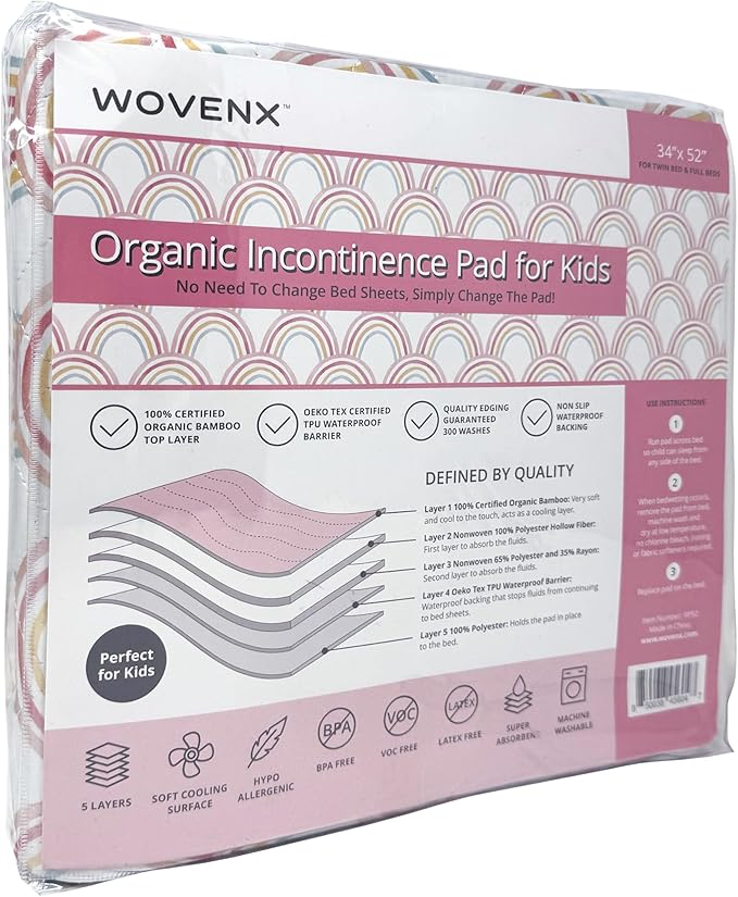 WOVENX Organic Incontinence Pads for Kids & Toddlers - 5 Layer Waterproof Protectors for Overnight Bed Wetting - Reusable & Washable Pee Pads - Fits Twin to Full Size Beds - 34" x 52" Rainbow
