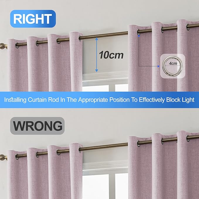 Linen 100% Blackout Curtains for Bedroom, Black Out Curtains 45 Inch Long, Room Darkening Curtains for Living Room, Long Curtain Grommets Drapes, Thermal Curtains(2 Panels, Pink)