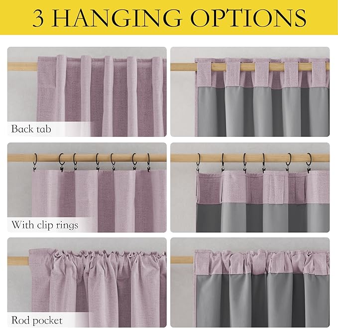 NICETOWN Pink Vintage Linen 100% Blackout Curtains for Living Room, 52" Wide Per Panel, Set of 2, Thermal Insulated Curtains 90" Long, Noise Reducing Window Treatment Drapes for Hall Room