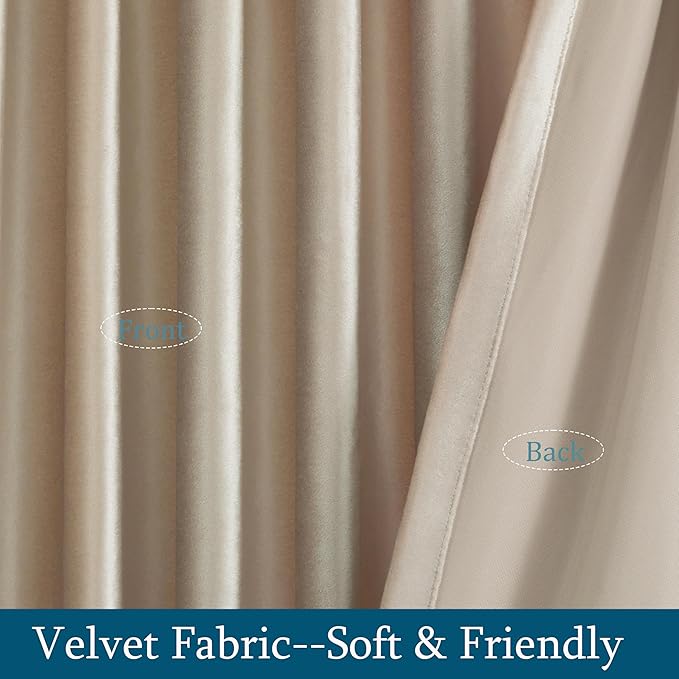 PRIMROSE Champagne Polyester Velvet Curtains 96 inch Long for Living Room,Set of 2 Panels Blackout Rod Pocket Back Tab Window Treatment Room Darkening Heavy Decorative Curtains Drapes for Bedroom