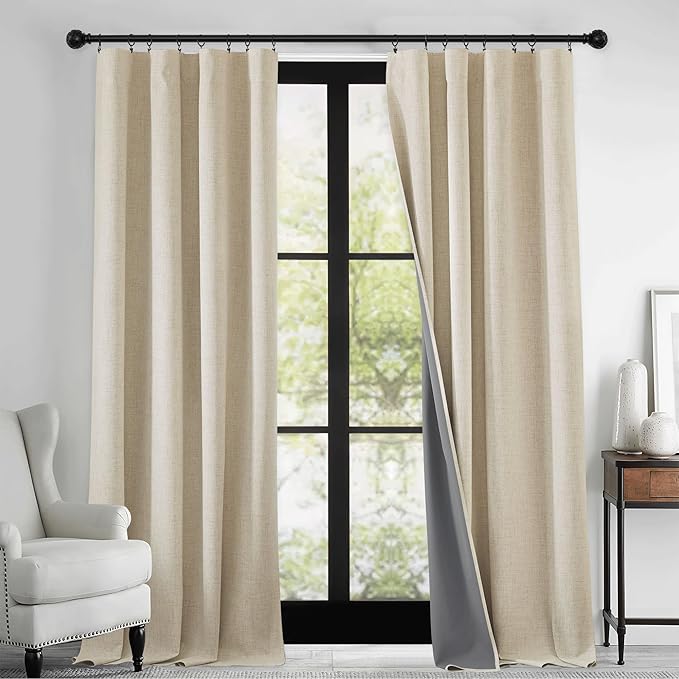 RYB HOME Warm Sand 100% Blackout Curtains for Bedroom, Linen Drapes Back Tab&Rod Pocket, Thermal Insulated Privacy Assurd Curtains for Sliding Glass Doors/Dining/Living Room, W52 x L102, 2 Panels