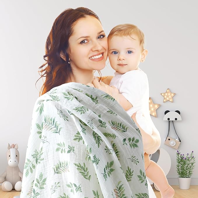 3-Pack 100% Cotton Muslin Swaddle Blankets, Large 47 x 47 Inches — Breathable Soft Receiving Blankets for Newborns, Swaddling Wraps, Registry Gift (Leafy Green Nature)