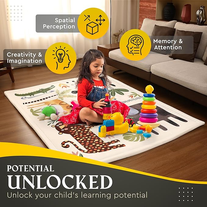 Animals Baby PlayMat Rug Extra Thick 3.5CM | Cloudsoft Coral Velvet Crawl Memory Foam Floor Mat | Anti-Spill | Anti-Slip | Toddlers Infants Kids Children | 60"x80" | Tummy Time | Padded Yoga Rug