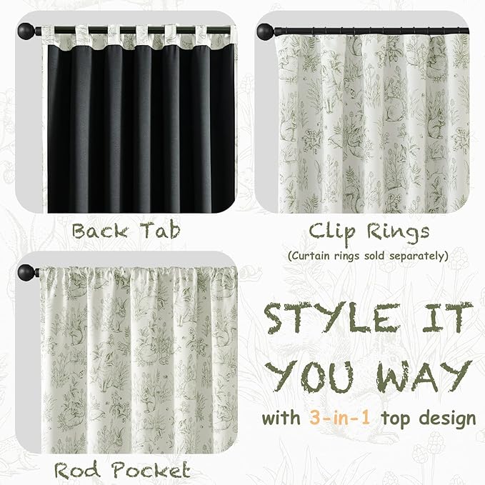 jinchan 95% Blackout Nursery Curtains 63 Inches Long, Bunny Woodland Toile Curtains Sage Green on Beige Animal Printed Drapes Rod Pocket Thermal Insulated Bedroom Farmhouse Window Treatment 2 Panels