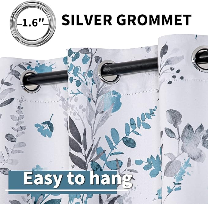 MYSKY HOME Floral Blackout Curtains for Bedroom Thermal Insulated Curtains 63 Inch Length 2 Panels Farmhouse Curtains for Living Room Light Blocking Grommet Flower Drapes, Turquoise