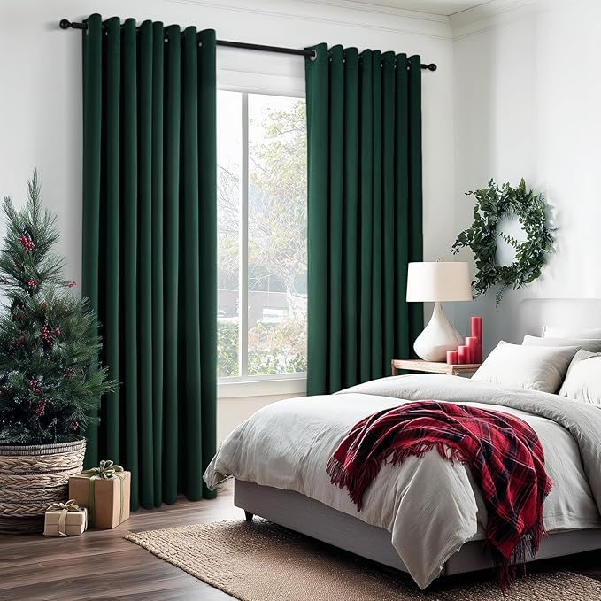 Topfinel Dark Green Velvet 84 Inches Curtains 2 Panels Modern Boho Luxury Room Darkening Thermal Insulated Grommet Drapes for Living Room Bedroom Christmas Green Winter Season Holiday Decor W52 x L84