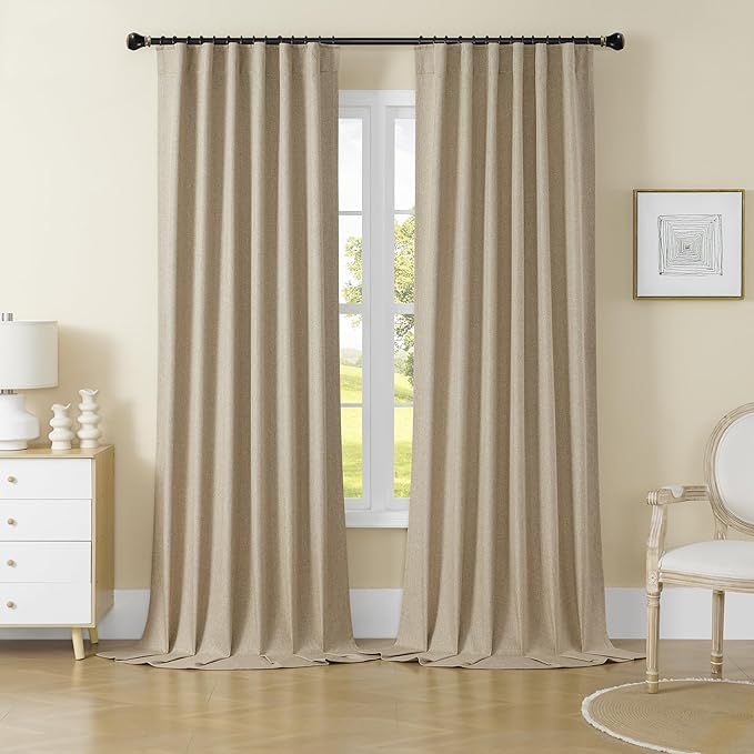 90 Inch Long Blackout Curtains-Linen Textured Curtains 2 Panels Back Tab Rod Pocket Hook Belt Drapes Thermal Insulated Light Blocking Curtain Panels for Bedroom Girl Room W52 x L84,Taupe Tan Brown