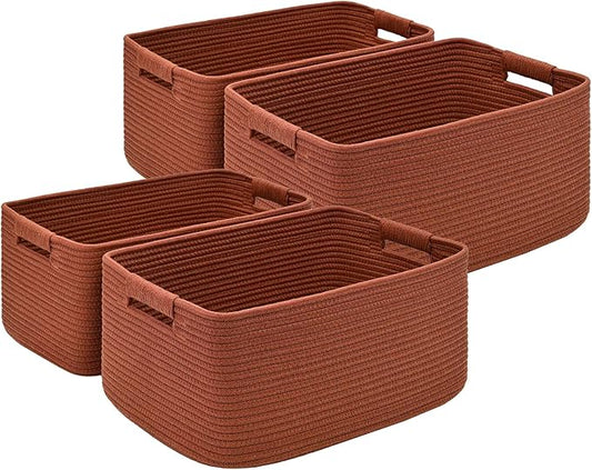 4 Pack Large Storage Basket for Organizing, 17.5"x13.5"x7.5" Woven Basket for Shelves, Closet Cube Storage Bins with Wrapped Handle, Cotton Rope Baskets for Kitchen, Clothes, Toys(Oxide Red)