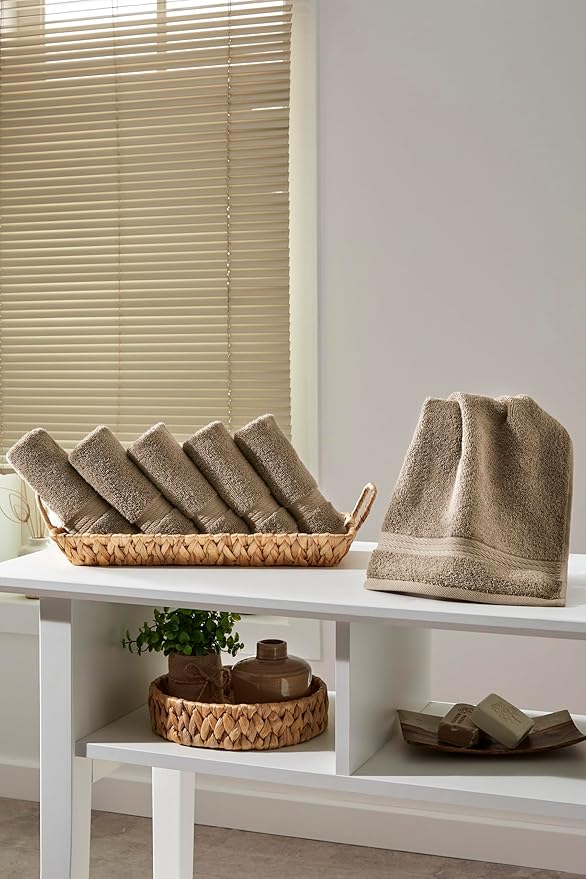 Ozdilek 6-Piece Washcloth Set 13x13 100% Turkish Cotton, 600 GSM, Soft, Gentle on Sensitive Skin, Multi-Purpose Use, Washable, Reusable, Ideal for Baby Care & Spa 6 Towels (Light Brown)