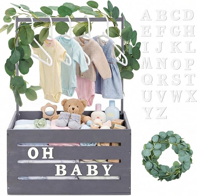 Barydat Wooden Baby Shower Crate Closet, Baby Basket with Handle, Personalized Basket Gifts, Easy Assembly Baskets for Newborn Boy Girl Welcome Gift for New Mom Parents(Gray)