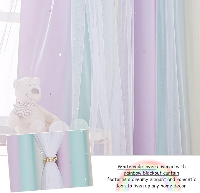 NICETOWN Kids Room Decor for Girls, White Gauze & Blackout Drapes Assembled, Star Cut Curtain Panels with Versatile Styling Options (Purple & Blue & Yellow, Each is W52 x L84, Sold by 2 Panels)
