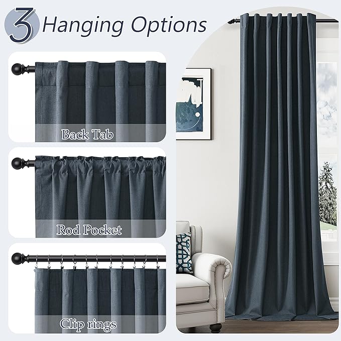 Guken 100% Blackout Linen Curtains 84 Inch Length 2 Panels Set for Living Room Bedroom Back Tab Thermal Insulated Black Out Linen Drapes Room Darkening Window Curtains,Vintage Blue
