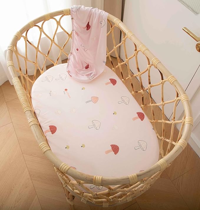 SDY Jersey Mushroom Bassinet Sheets for Baby Girls,32 "x 16 "x 4",2 Pack,Pink Cute Kawaii Standard Oval/Retangle Bassinet Mattress Sheets for Toddler,Super Soft Breathable