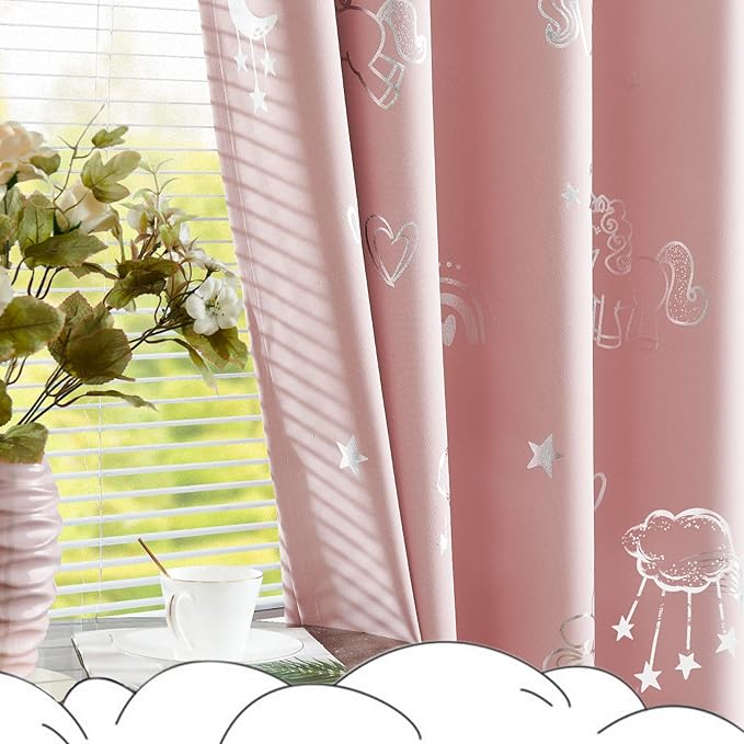 Vangao Rainbow Room Darkening Kids Curtains for Girls Bedroom Pink Unicorn for Kids Nursery Room Silver Foil Print Curtains Thermal Insulated Drapes Grommet Window Drapes 63 Inches Length 2 Panels
