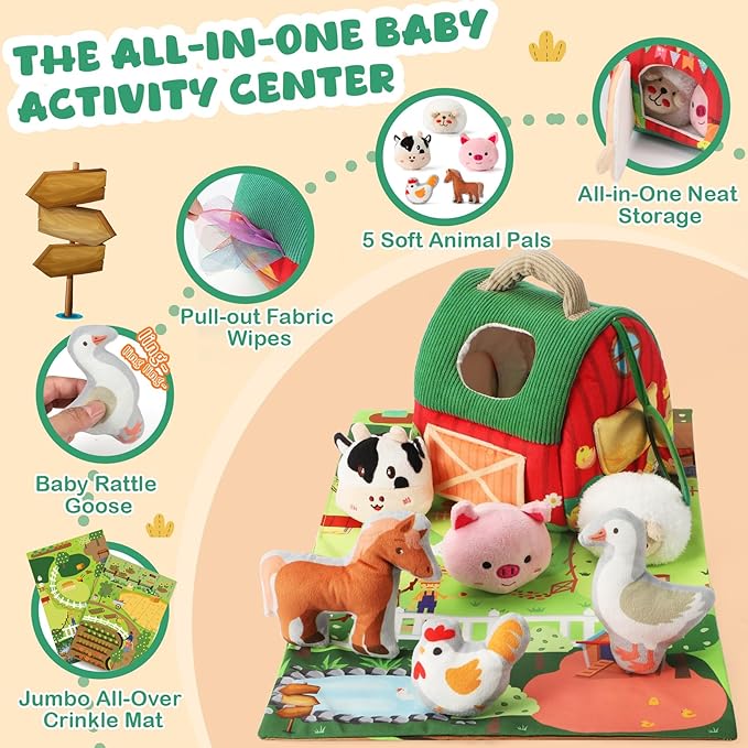 Baby Toys 6-12 Months, Montessori Toys for 1 2 Years Old Babies, Surprise Barn Stuffed Farm Animals Rattle Crinkle Mirror Sensory Balls for Toddlers 1-3, Baby Boy Girl Valentines Gift, Easter Stuffers