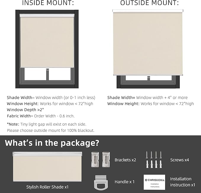 ChrisDowa Cordless Free-Stop100% Blackout Blinds for Windows, Roller Windows Shades with Thermal Insulated, UV Protection Fabric for Living Room, Office and Home. Easy to Install.Beige,50" W X 72" H