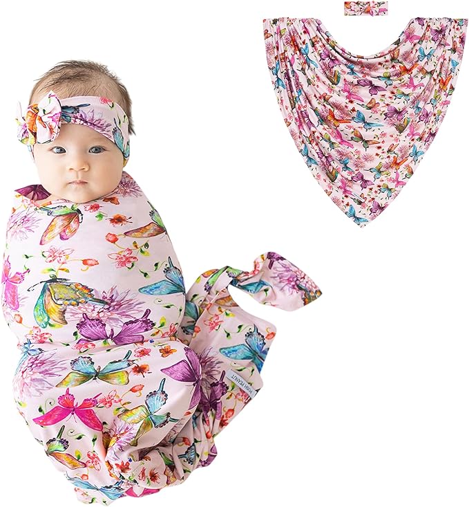 Posh Peanut Swaddle Blanket & Headband Set – Viscose from Bamboo Stretchy Baby Swaddle for Newborn Girls, Receiving Blanket or Nursing Cover (Watercolor Butterfly)
