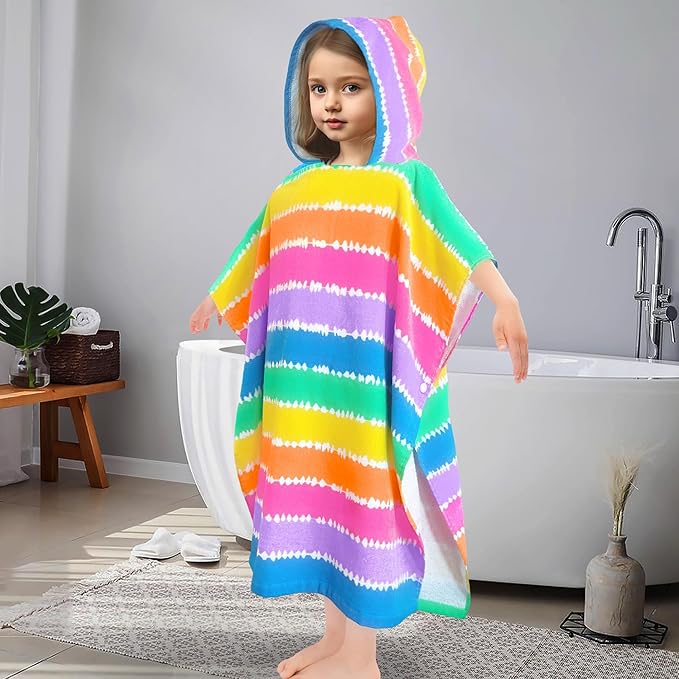 VOOVA & MOVAS Kids Poncho Towels with Hood (4-8Years), Absorbent Lightweight Hooded Beach Towel for Pool | Swim | Bath, Color Stripe