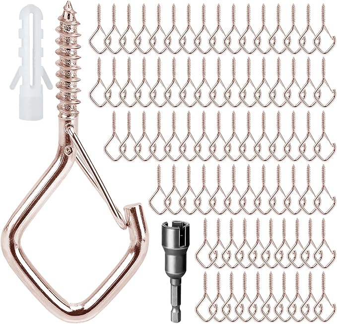 80 Pcs Outdoor Hooks for String Lights,Screw Hooks for Hanging Plants,Ceiling Hooks with Safety Buckle,Square Hanger for Wind Chimes,Bird Feeder,Lanterns,Christmas Decorations Rose Gold