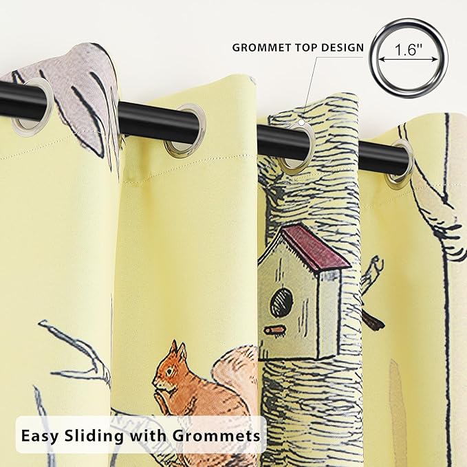 Kids Blackout Curtains for Nursery, Boy's Woodland Animal Print Curtains for Bedroom, Cartoon Room Darkening Window Drapes 2 Panels Set, Yellow, 42W x 63L