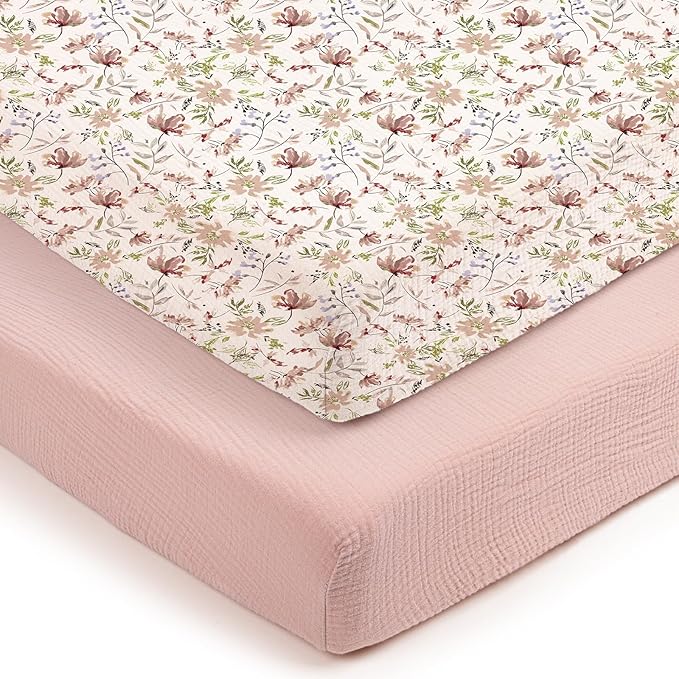 lulumoon Mini Crib Sheets 2-Pack: Soft Muslin Cotton Pack and Play Sheets for Playard Mattress - Boho Floral Print for Girls