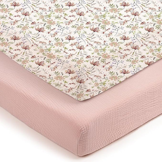 lulumoon Mini Crib Sheets 2-Pack: Soft Muslin Cotton Pack and Play Sheets for Playard Mattress - Boho Floral Print for Girls