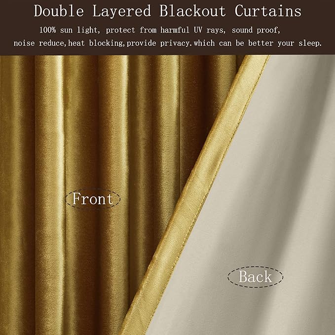 100% Full Blackout Golden Velvet Curtains 120 inch Long for Living Room,Set of 2 Panels Liner Rod Pocket Back Tab Thermal Window Curtains Room Darkening Heavy Decorative Curtains Drapes for Bedroom