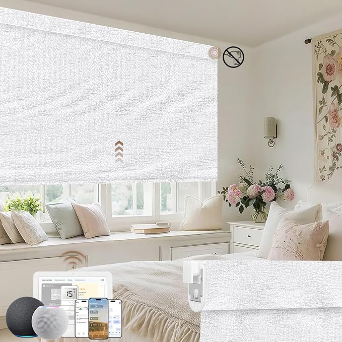 Kincmo No Drill Motorized Blinds with Remote, 100% Blackout Roller Shades for Windows, Custom Electric Blinds Compatible with Alexa, Apple Homekit, Google Home (100% Blackout Starscape White)