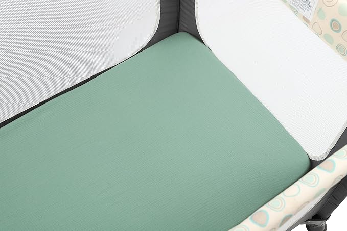 Onacosht Muslin Mini Crib Sheets, 39" x 27" Pack and Play Mattress Sheets Fitted for Pack N Play, Soft Cotton for Boys Girls, 2 Pack, Grey and Green