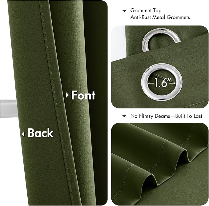 MIULEE Olive Green Blackout Curtains for Bedroom Living Room 63 Inches Long 2 Panels, Thermal Insulated Room Darkening Drapes Solid Grommet Noise Reduction Light Blocking Window Treatments 50x63 Inch