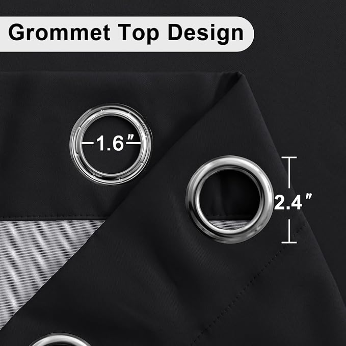 XWZO 100% Blackout Curtains 63 Inches Long with Tiebacks - Heat and Full Light Blocking Thermal Insulated Window Panels with Grommets for Bedroom/Office, Black, W52 x L63, Set of 2