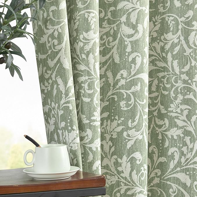 jinchan Blackout Curtains for Bedroom, Green Scroll Floral Patterned Curtains 90 Inch Length for Living Room, Farmhouse Vintage Art Deco Drapes, Thermal Insulated Window Curtains Grommet 2 Panels