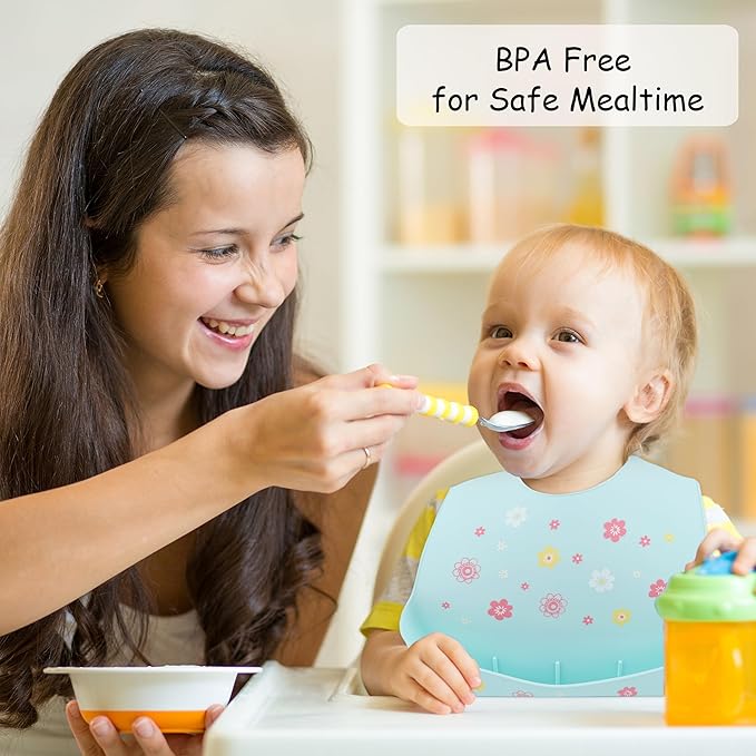 BEBE FAVOUR 2 Pack Silicone Baby Bibs Adjustable Fit Waterproof Bib With Leak Proof Food Pouch Catcher for Eating Boys Girls