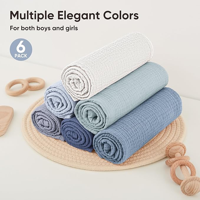 Bearmoss 6 Pack Muslin Burp Cloths and Baby Washcloths, 23.6" X 23.6" 100% Cotton Absorbent Large Baby Burping Cloths for Boy, Girl, Newborn Essentials (Blue)