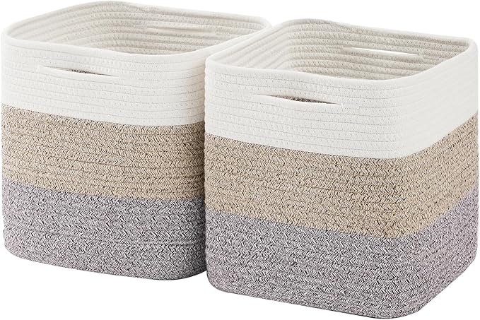 Cube Storage Bin 11" x 10.5" x 10.5" Cotton Rope Basket Square Woven Storage Basket for Shelves, Closet Organizer, Soft Towel Sock Basket, Gradient/White Brown, 2 Pack