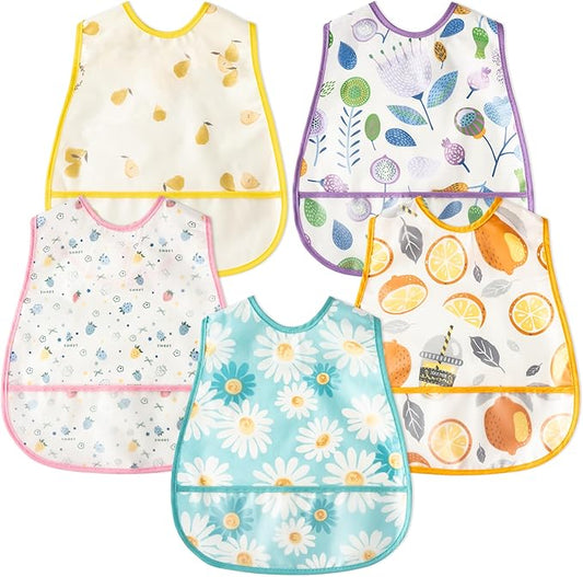R HORSE 5Pcs Baby Bibs Set Toddler Bibs with Crumb Catcher Pocket & Snap Button Waterproof Baby Feeding Bibs for 6-24 Months