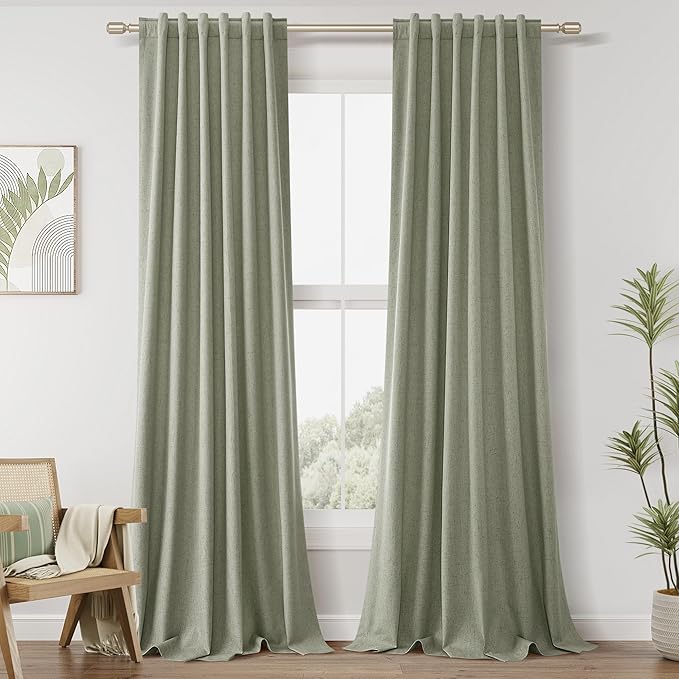 Guken 100% Blackout Linen Curtains 42 Inch Wide by 108 Inch 2 Panels Set for Living Room Bedroom Back Tab Thermal Insulated Black Out Linen Drapes Room Darkening Window Curtains, Sage Green