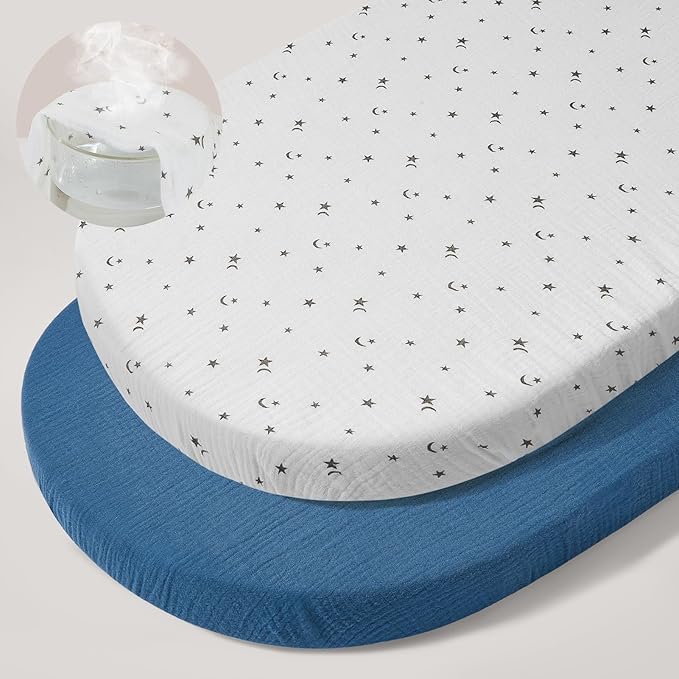 Basumee Muslin Bassinet Sheets for Baby Girl Boy 2 Pack Soft Breathable Baby Bedside Bassinet Fitted Sheets with Bottom Elastic Band 33''x17''x4'' Mattress Cover for Rectangle Oval Hourglass Bassinets