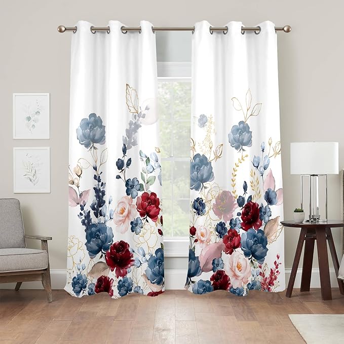Renaiss Floral Blackout Curtains Watercolor Gray Blue and Red Peony Flower Bloossom Thermal Insulated Window Drapes for Bedroom 42W x 63L inches 2 Panel Set Window Curtains for Living Room