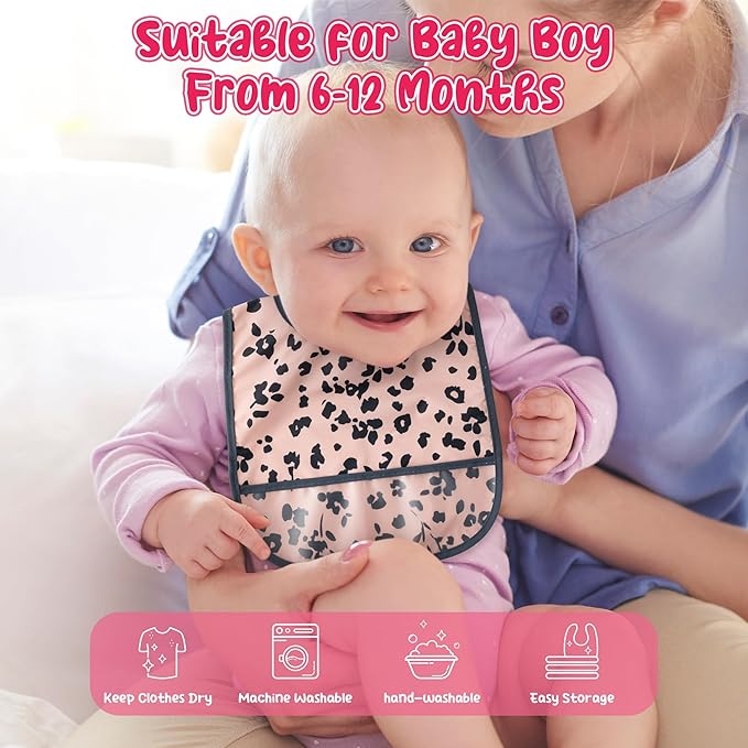 2ooya 6Pcs Waterproof Toddler Bibs Baby Feeding Bib Set with Crumb Catcher Pocket, Infant Adjustable Baby Teething Bib, Babies Sleeveless Animals Food Bibs Keepsake Gift for Baby Shower, 6-24 Months