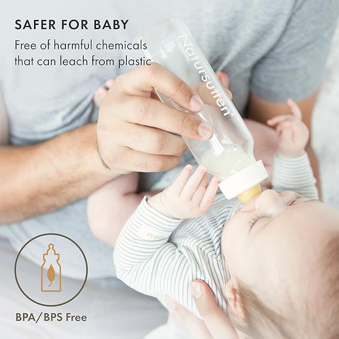 Natursutten Anti-Colic Glass Baby Bottle 2-Pack - 8 Ounce Bottles for Breastfeeding Babies - Newborn Bottles Set: Natural Rubber Slow-Flow Bottle Nipples, Seals, Valves, Baby Bottle Caps