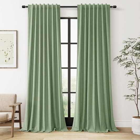 Guken 100% Blackout Linen Curtains 100 Inch Length 2 Panels Set for Living Room Bedroom Back Tab Thermal Insulated Black Out Linen Drapes Room Darkening Window Curtains,Light Sage